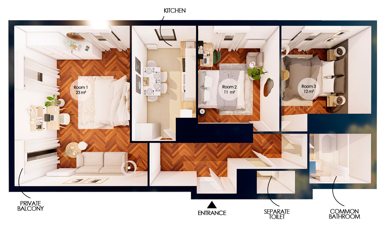 Spacious 23 m² bedroom with its private balcony for rent in coliving – SDN40